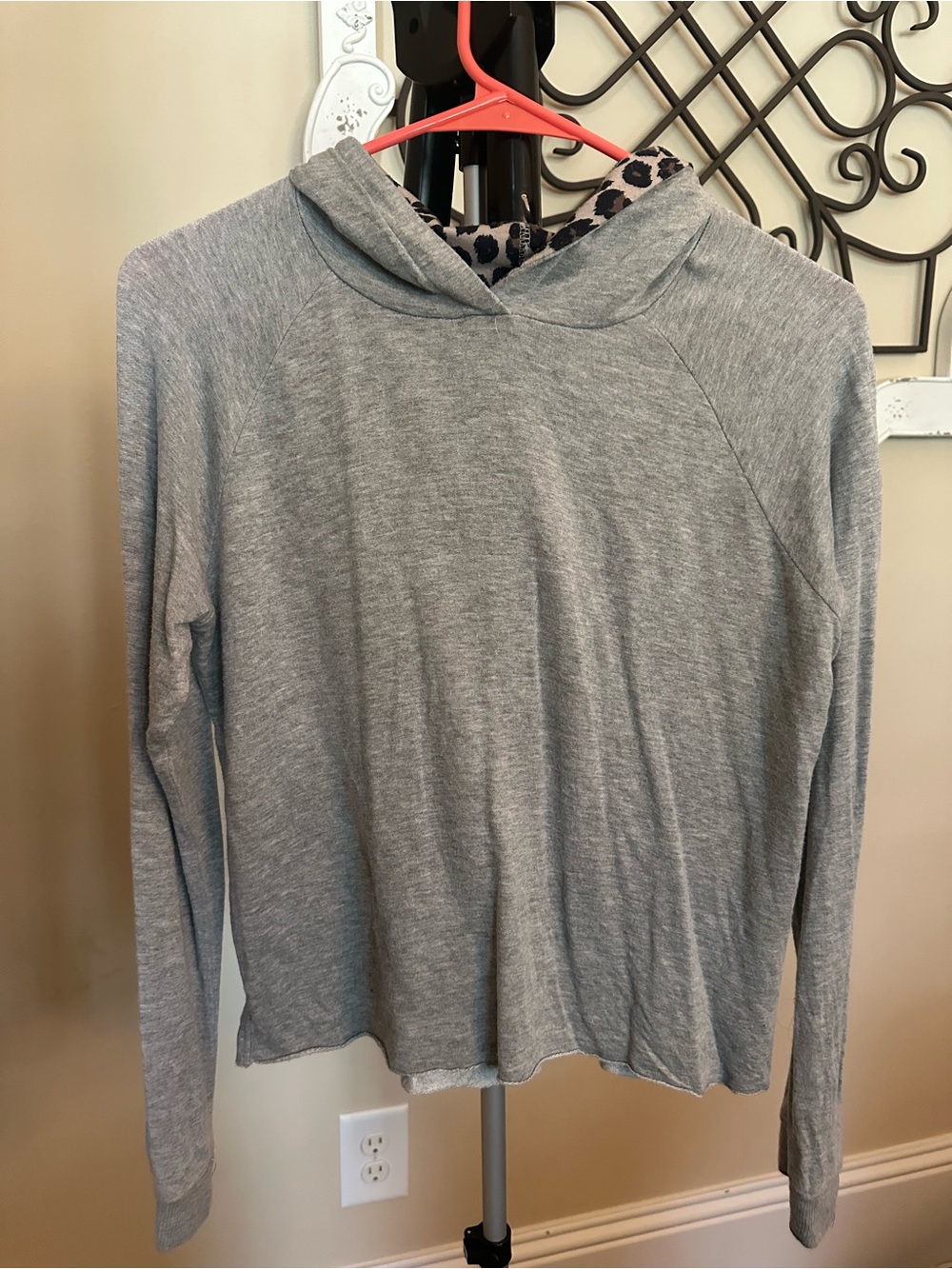 Daytrip Light Heather Gray Hoodie with Leopard-Print Hood Lining